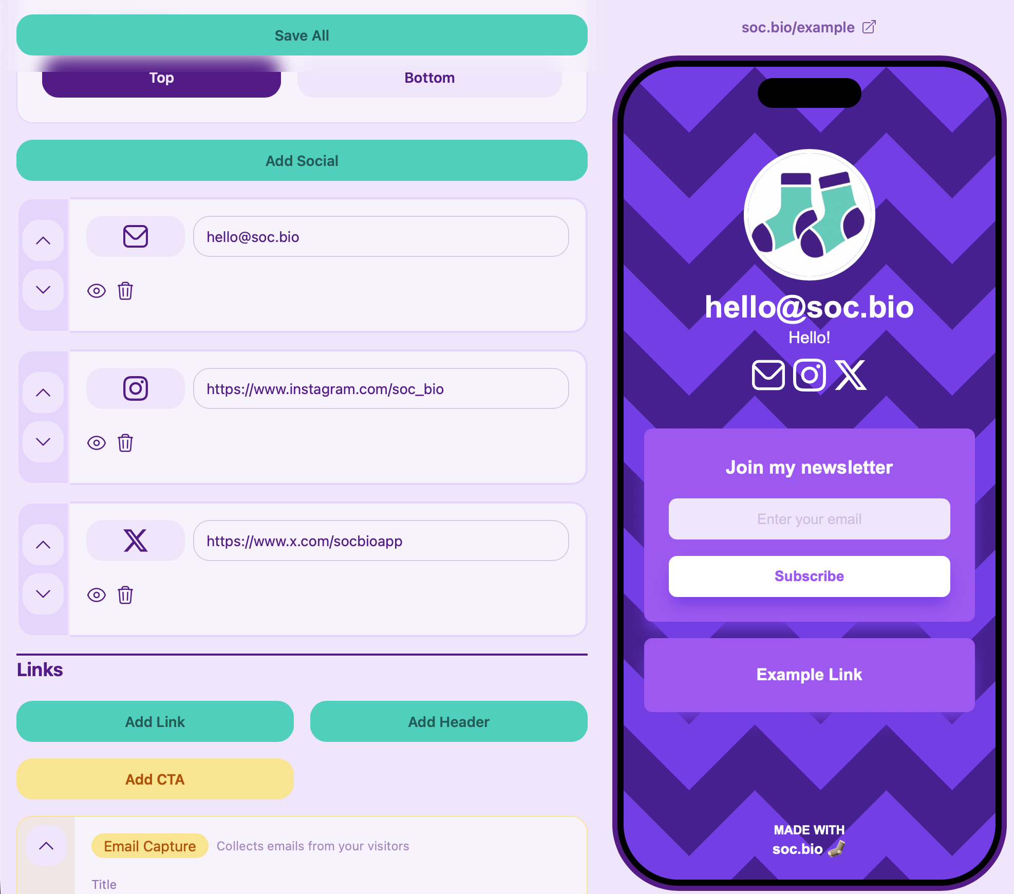soc.bio editor showing customization options for colors, buttons, and layout