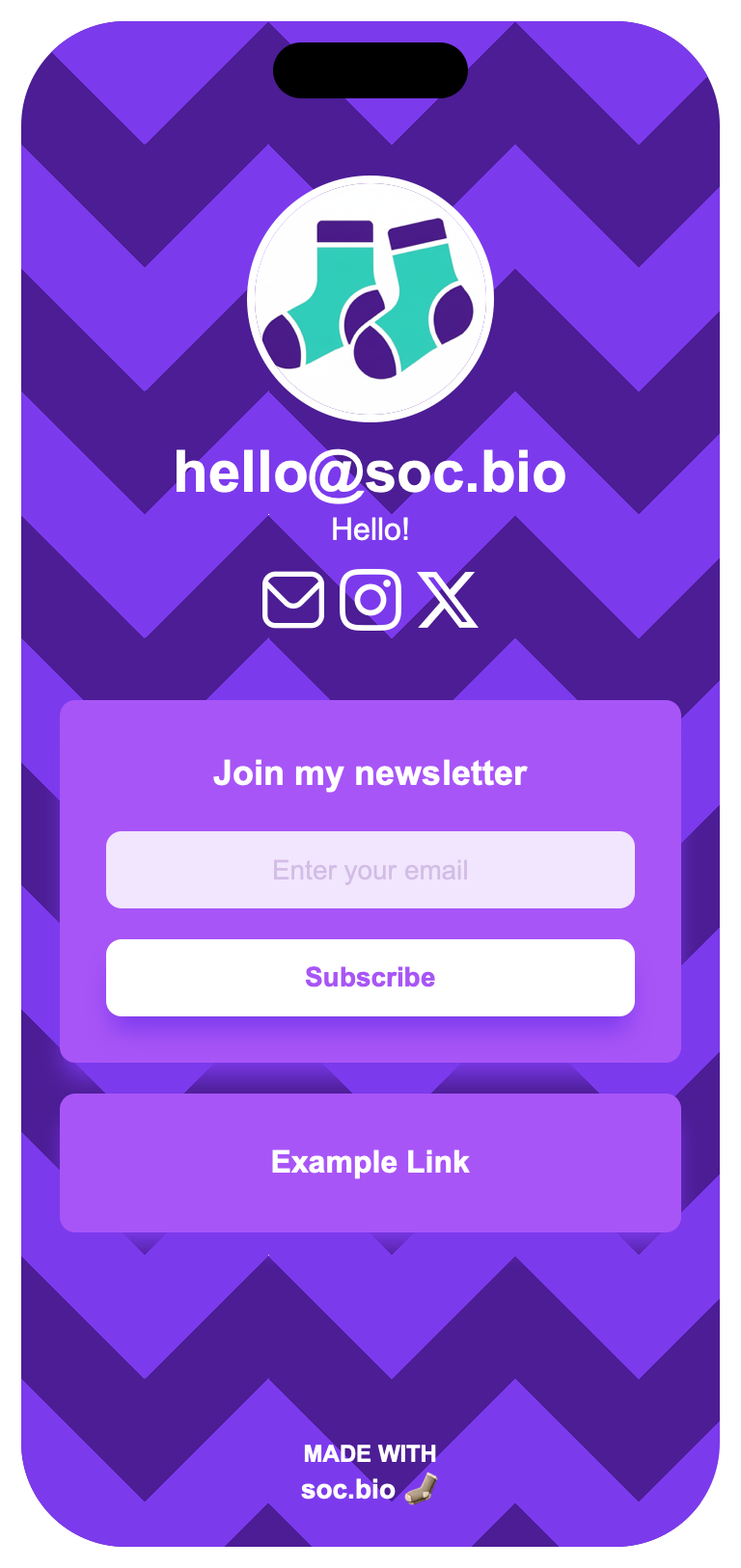 Example of a soc.bio creator landing page with profile photo, bio, and link buttons
