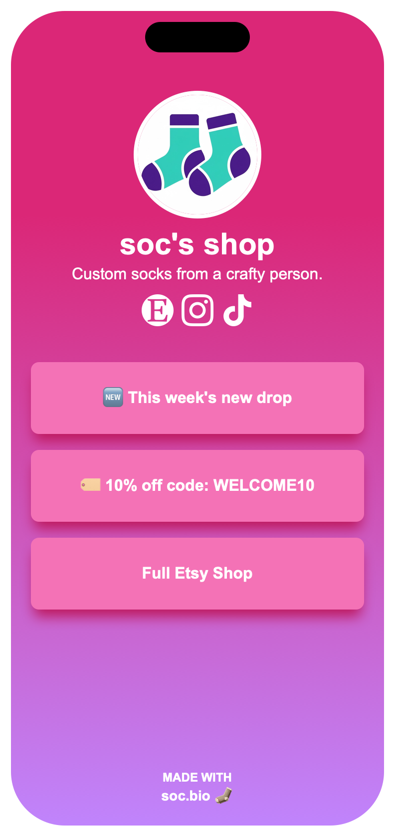 Example soc.bio page for an Etsy shop with product links and a promo code banner