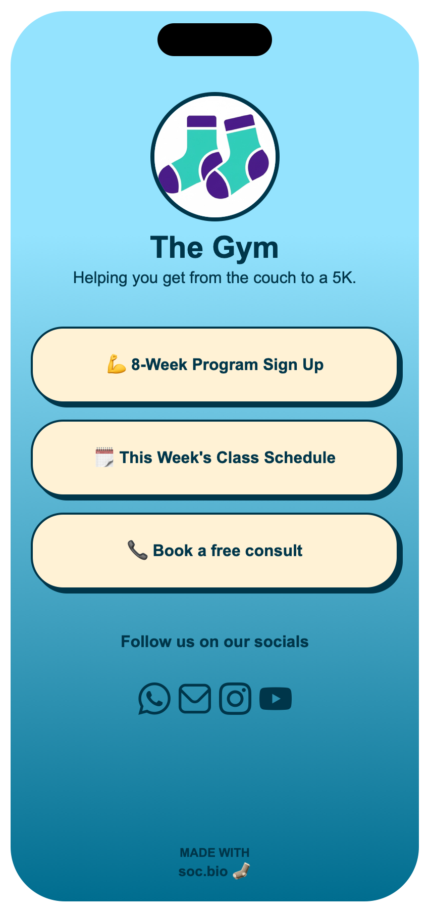 Example soc.bio page for a personal trainer with a program link, class schedule, and booking button