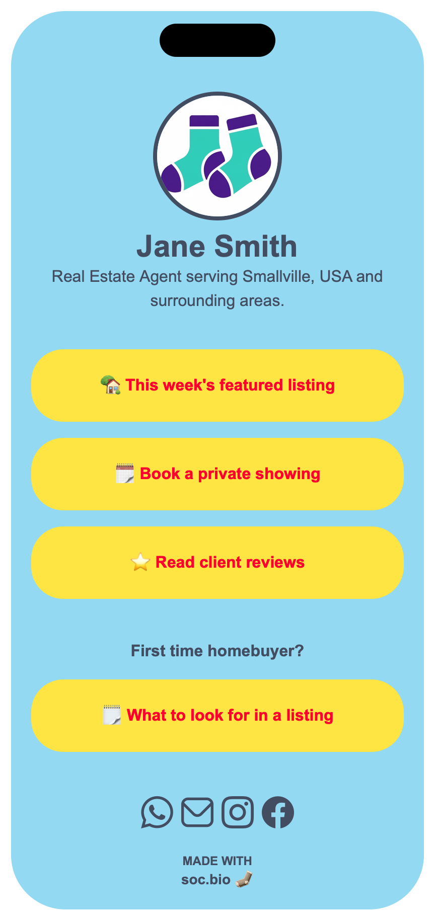 Example soc.bio page for a real estate agent with a featured listing, booking link, and reviews
